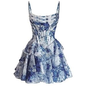 Fairy Floral ruffle tiered corset homecoming mini dress Size 12 Blue/white party